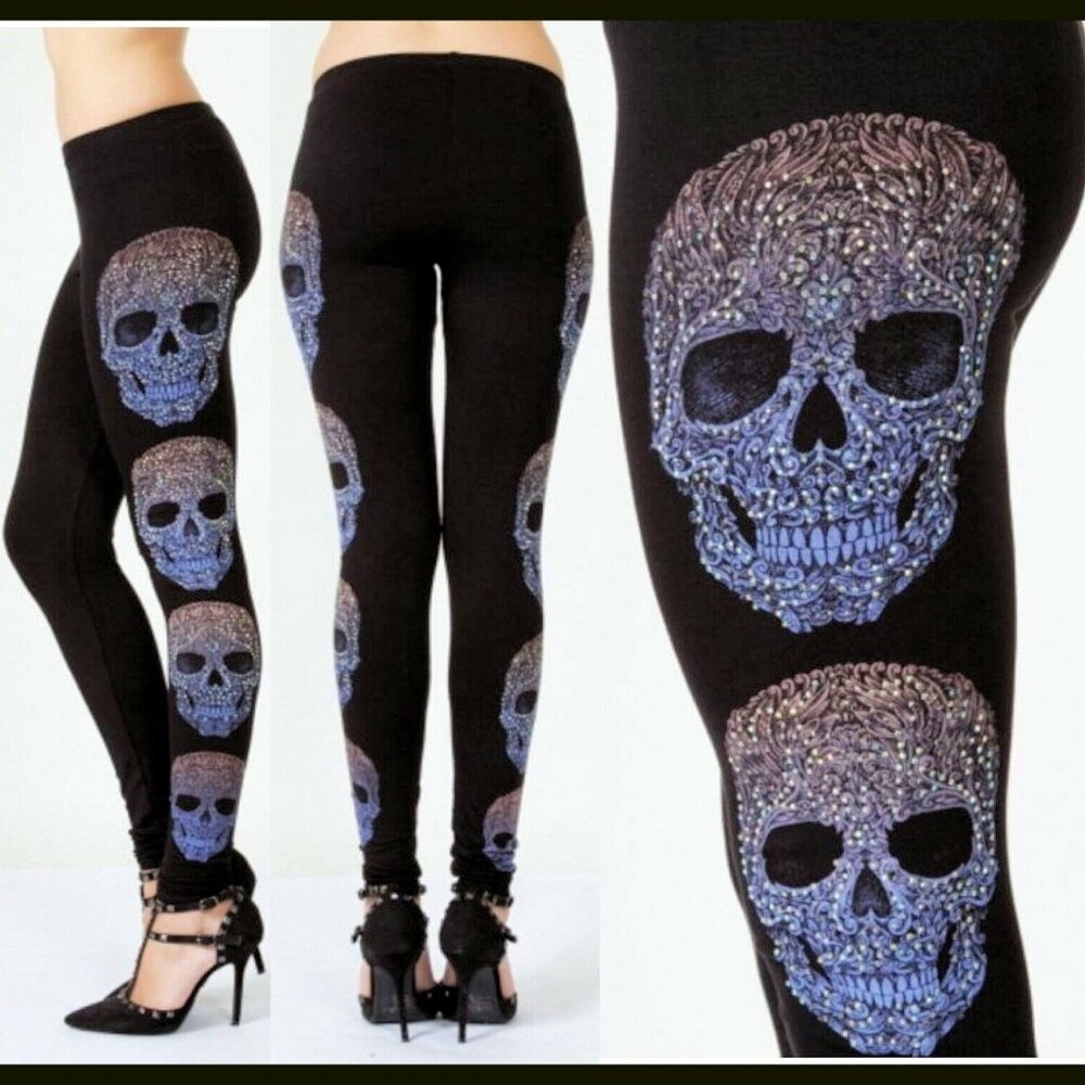 new VOCAL LEGGINGS skulls rhinestones Halloween party pants black SM-4X gothic